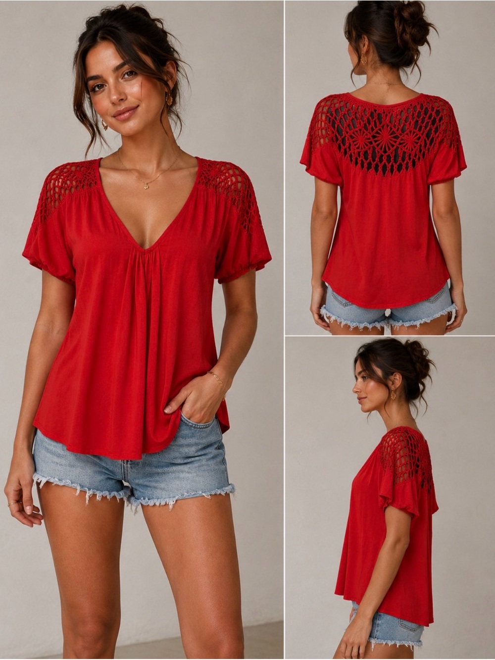 Miss Me Red Crochet Embellished Back Blouse Size Medium Boho Flowy Top